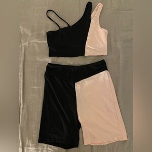 Black & beige one shoulder crop top & short leggings set #leggingset